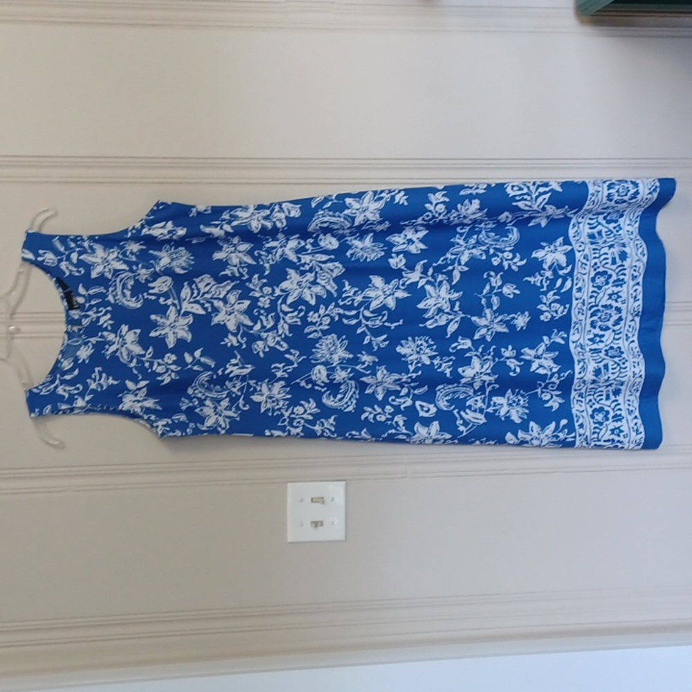 Erika Vintage Blue/White Floral Rayon Sleeveless Dress W-LP EUC